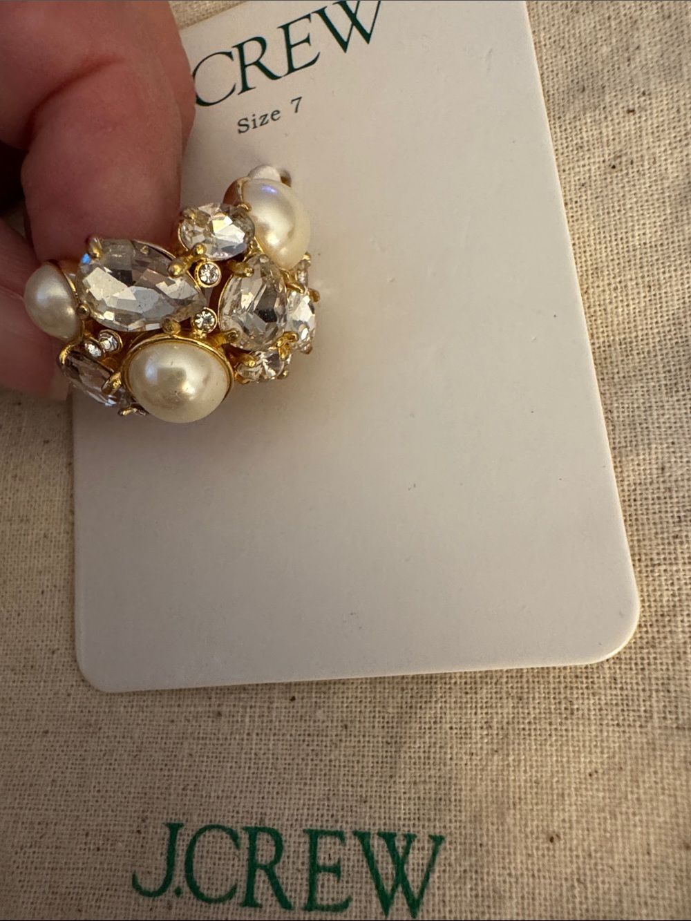 J. Crew Gold Pearl and Clear Crystal Cocktail Ring